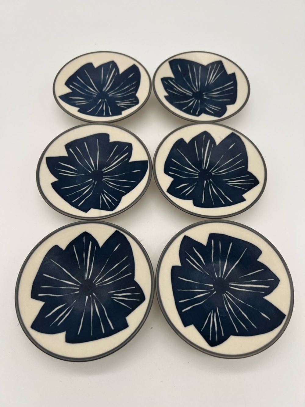 Crate&Barrel Mai Stoneware Navy Blue & Cream Bold Floral Sauce Dishes (Set of 6)